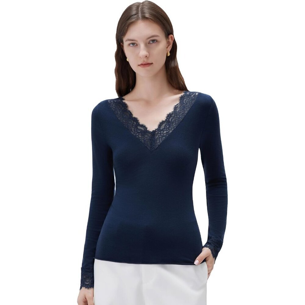 Women Cashmere Blend Top V Boat Neck Lace Long Sleeve Casual Chic